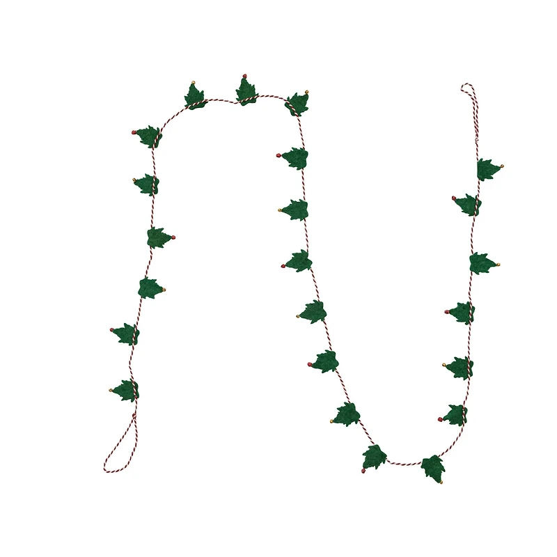 Hello Honey® 6ft. Handmade Wool Felt Green Leaves with Red & Gold Jingle Bells Garland