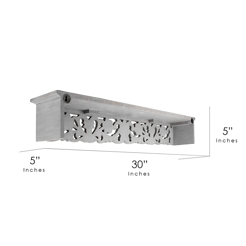 30" Gray Hand-Carved Medallion Floating Wall Shelf