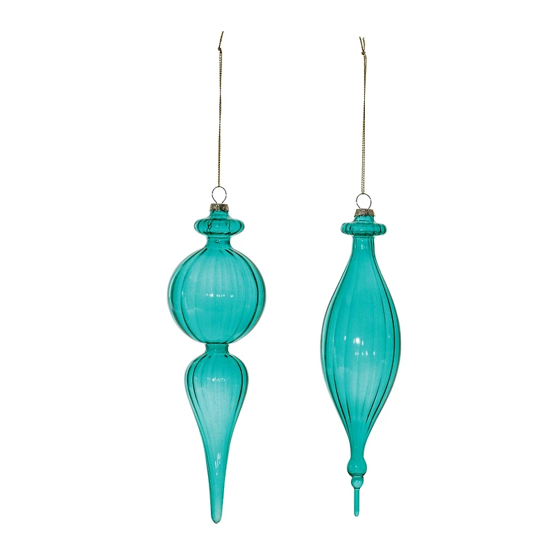 Blue Ribbed Glass Finial Drop Ornament Set
