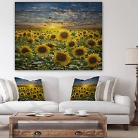 Designart - Field of Blooming Sunflowers - Flower Print on Natural Pine Wood