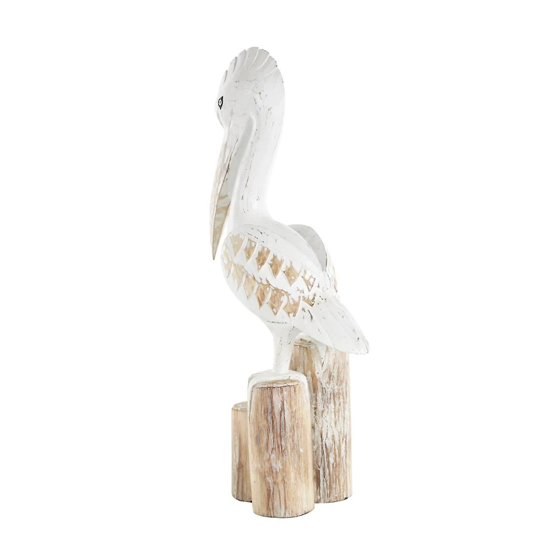 24" White Wood Pelican Handmade Distressed Sculpture with 3 Brown Posts