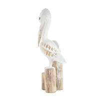 24" White Wood Pelican Handmade Distressed Sculpture with 3 Brown Posts