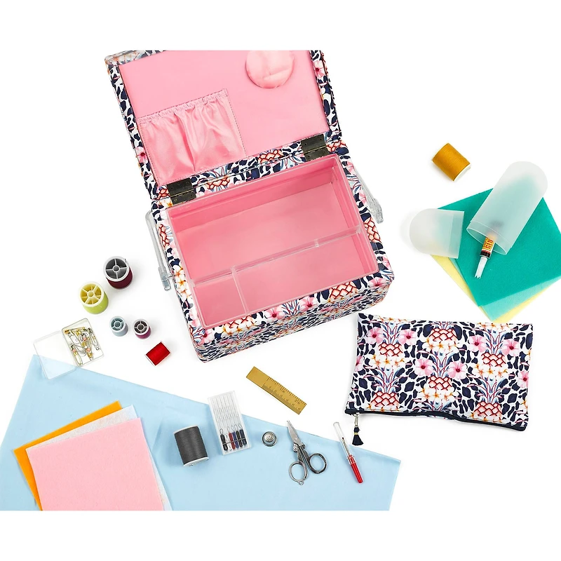 SINGER® Large Tropical Animal Print Premium Sewing Basket with Travel Sewing Kit