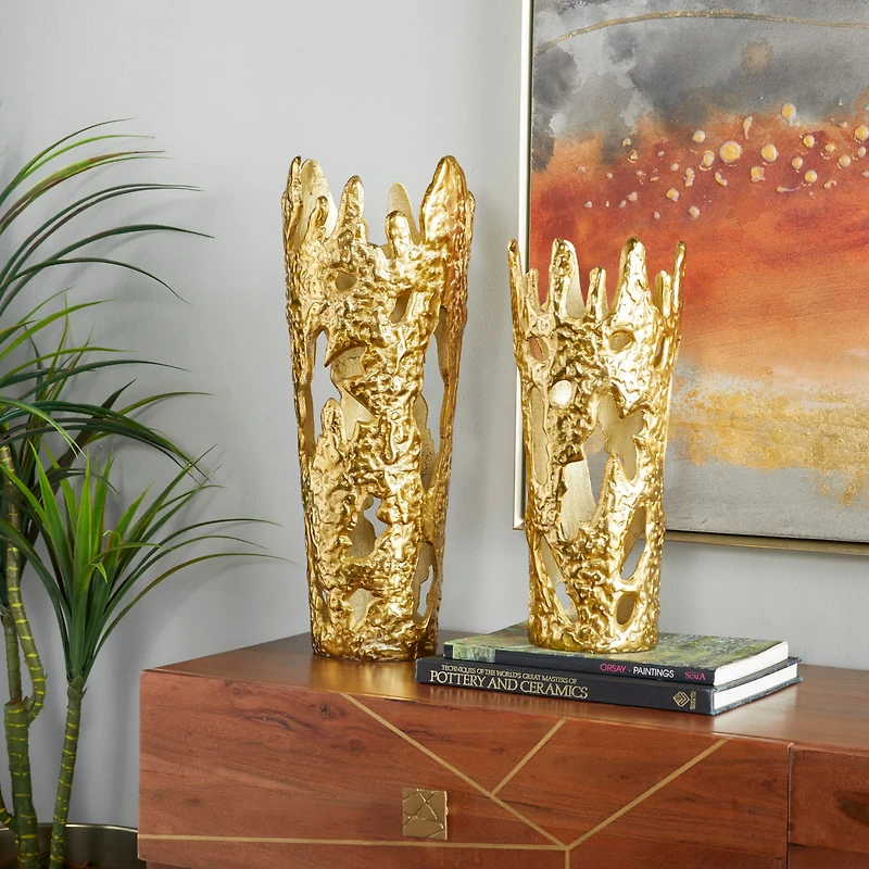Set of 2" Gold Aluminum Contemporary Vases, 20" x 6" x 7"