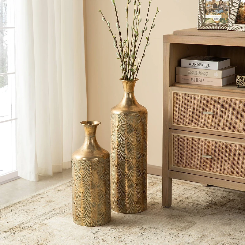Glitzhome® Antique Gold Gingko Metal Floor Vases Set