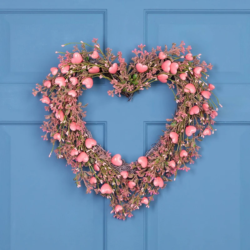 18" Pink Hearts & Rosebuds Artificial Heart Shaped Valentine's Day Wreath