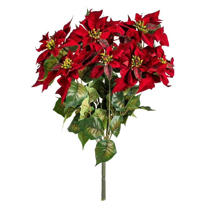 18" Red Poinsettia and Leaf Bush