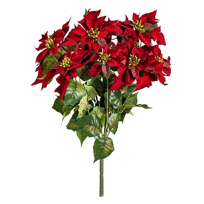 18" Red Poinsettia and Leaf Bush