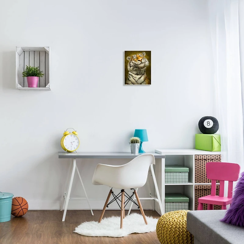 Stupell Industries Happy Tiger Funny Large Cat Animal Painting Wood Wall Plaque