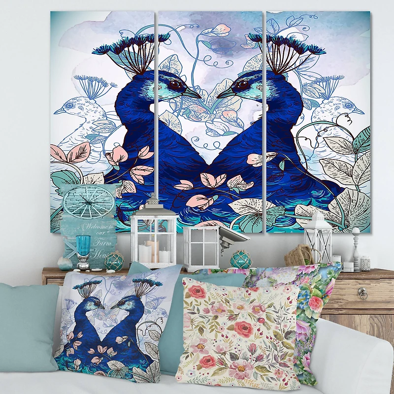 Designart - Two Blue Peacocks With Wildflowers