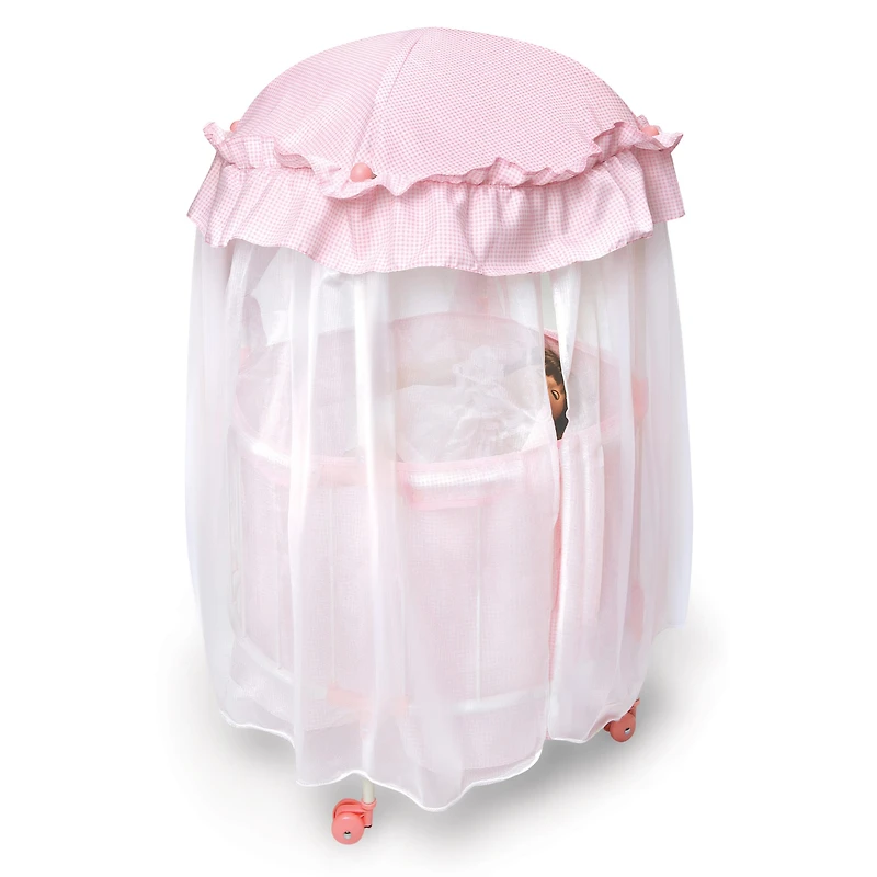 Badger Basket Pink & White Royal Pavilion Round Doll Crib with Canopy & Bedding