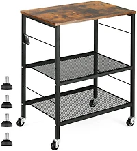 Rustic Brown Kitchen Baker's Rack 3-Tier Mesh Kitchen Storage Cart