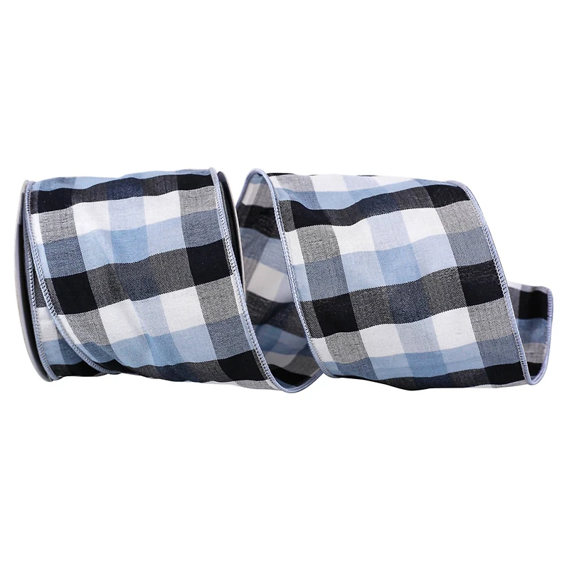 JAM Paper 4" x 10yd. Blue & Black Checkered Gingham Wired Edge Ribbon