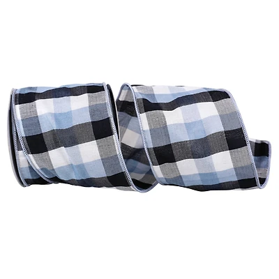 JAM Paper 4" x 10yd. Blue & Black Checkered Gingham Wired Edge Ribbon