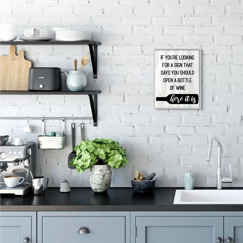 Stupell Industries Open A Bottle of Wine Wall Art in Gray Frame