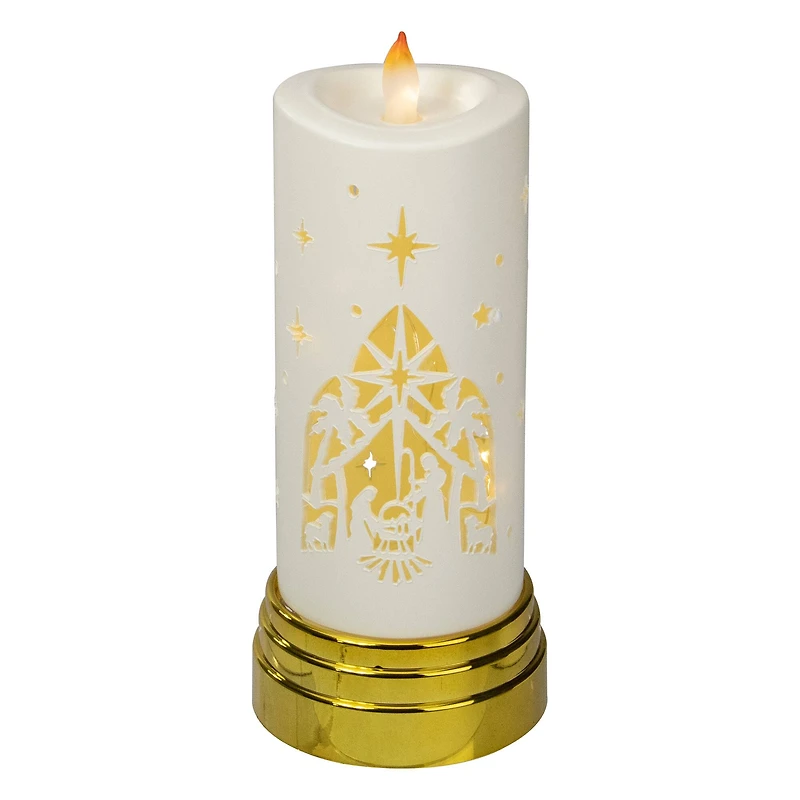 9" Gold & White Nativity Scene Flameless Candle