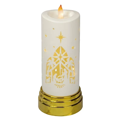 9" Gold & White Nativity Scene Flameless Candle