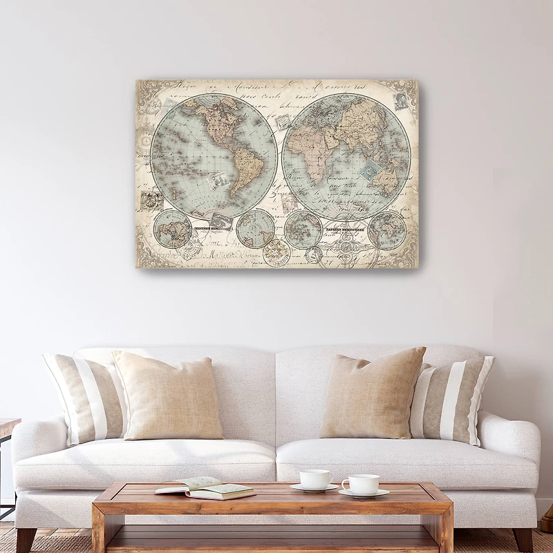 World Map Hemispheres Landscape Canvas Giclee