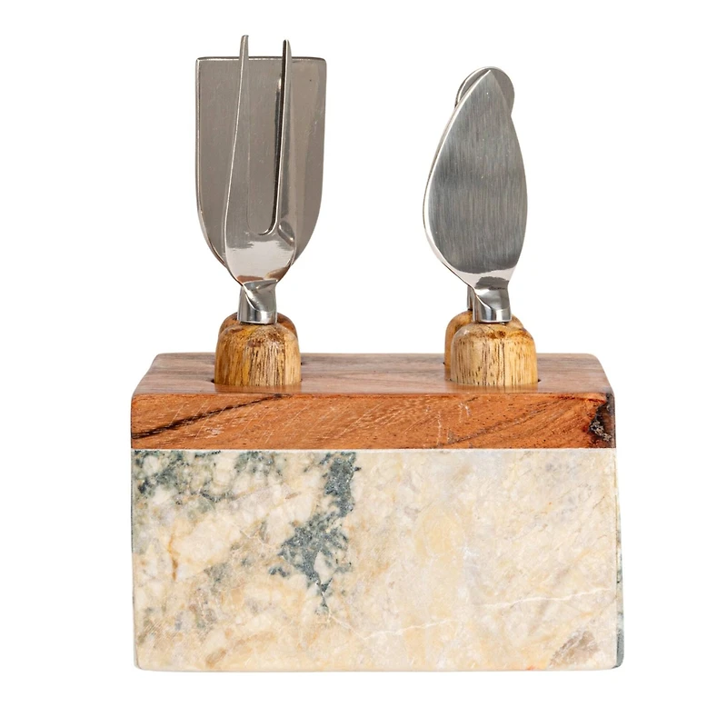 Hello Honey Black Marble Cheese Server Set with Mango Wood Stand