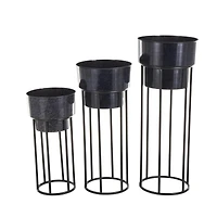 Black Metal Wash Textured Planter with Open Framed Black Caged Base Set