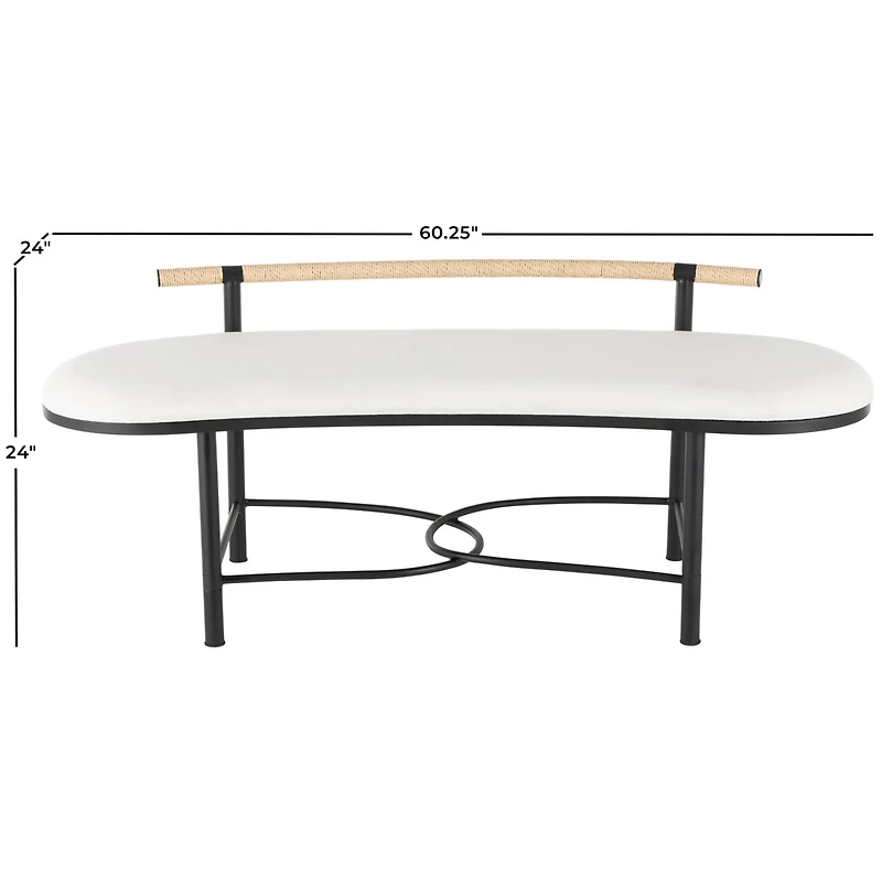 60.25" White Fabric Abstract Upholstered Oval Home Bench with Black Metal Frame & Rope Rod Backrest