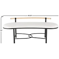 60.25" White Fabric Abstract Upholstered Oval Home Bench with Black Metal Frame & Rope Rod Backrest