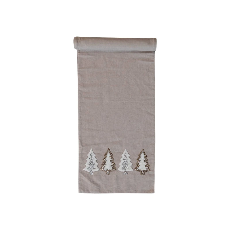 Hello Honey® 72" Natural Brown, Silver & Gold Cotton Chambray Table Runner with Embroidered Tufted Trees & Glass Beads