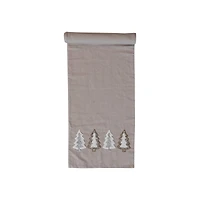 Hello Honey® 72" Natural Brown, Silver & Gold Cotton Chambray Table Runner with Embroidered Tufted Trees & Glass Beads