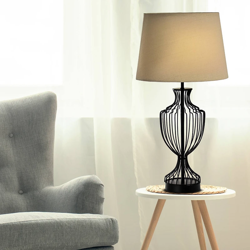 24" Black Cage Metal Table Lamp with Drum Shade