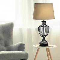 24" Black Cage Metal Table Lamp with Drum Shade