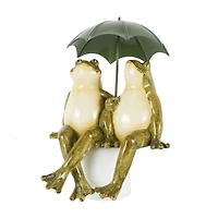 11" Bronze Frogs Sitting with Umbrella Sculpture