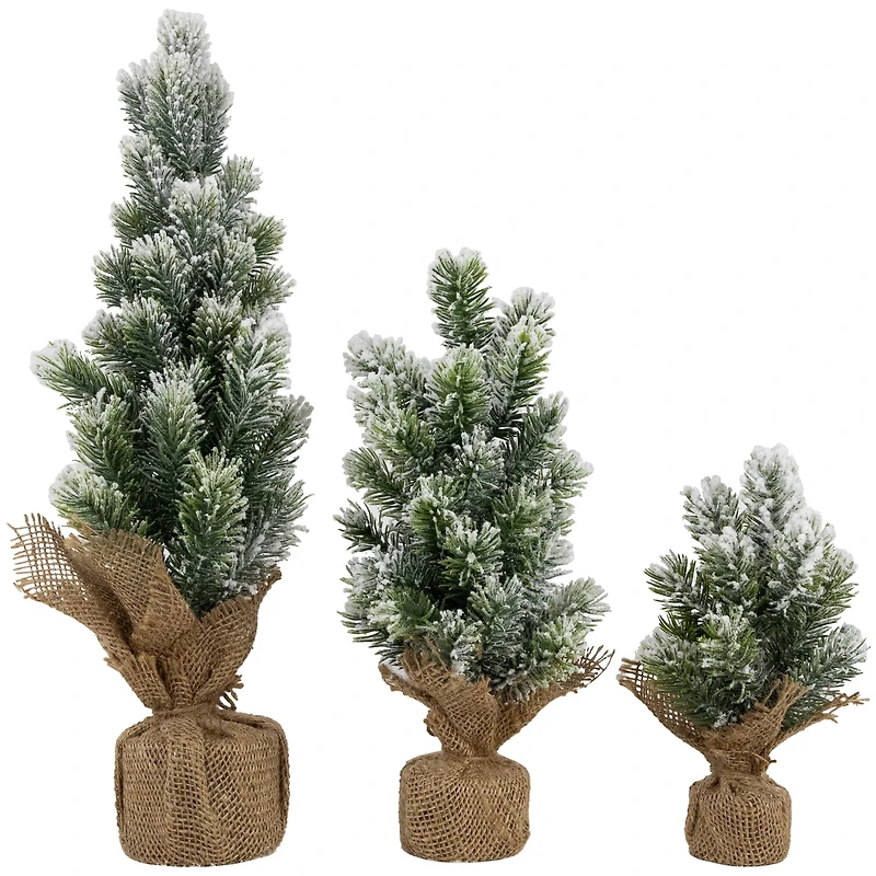 8.5", 12.5", & 17.5" Unlit Flocked Pine Artificial Christmas Trees with Burlap Base Set