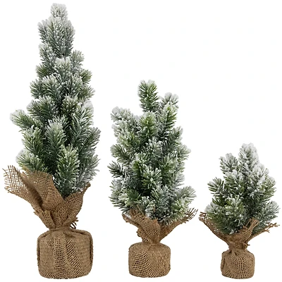 8.5", 12.5", & 17.5" Unlit Flocked Pine Artificial Christmas Trees with Burlap Base Set