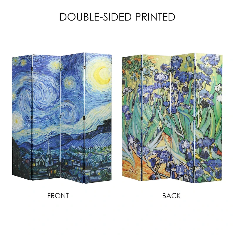 American Art Decor™ 6ft. Double-Sided 4-Panel Van Gogh Starry Night and Irises Flowers Canvas Privacy Screen