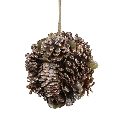 5" Glitter Copper Pine Cone And Leaves Round Ornament