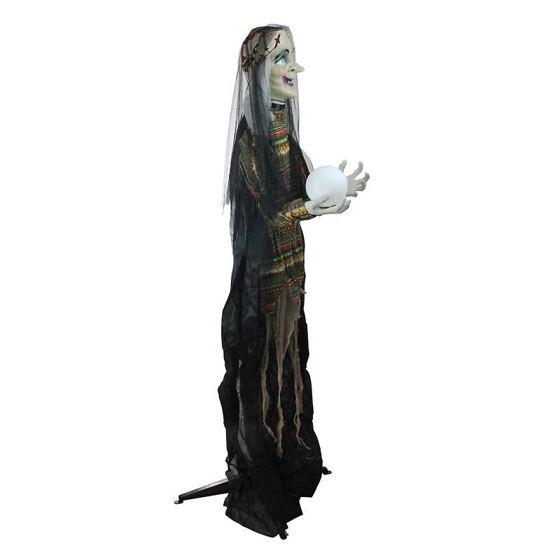 5.5ft. Pre-Lit Black & Green Standing Fortune Witch with Magic Ball Halloween Display