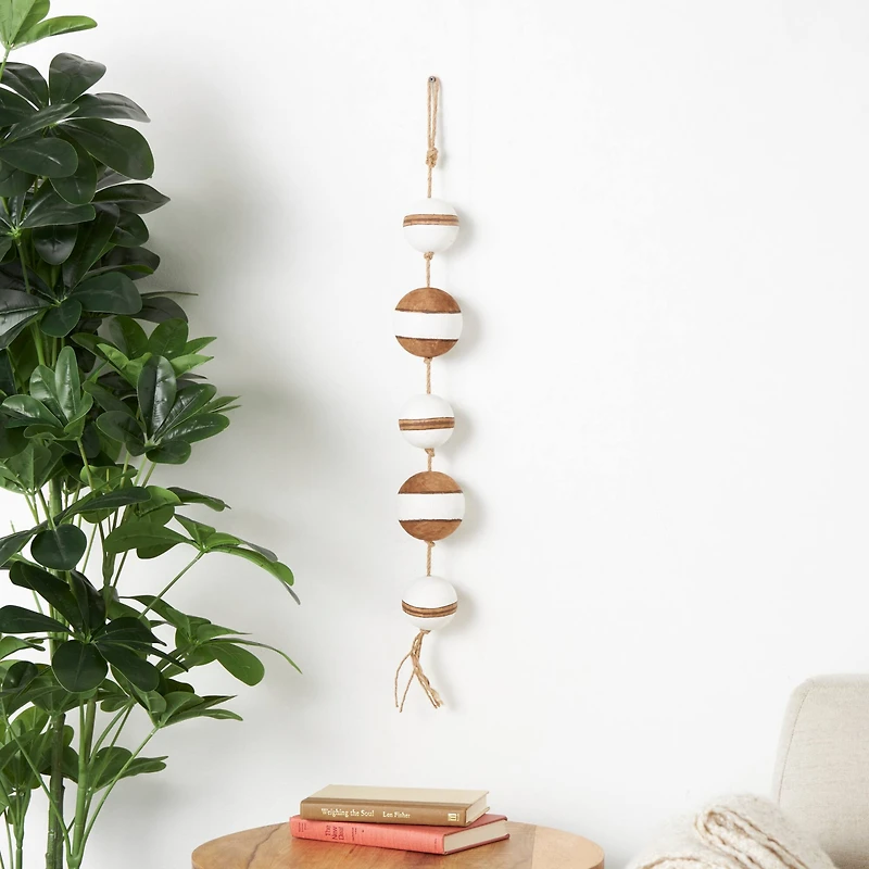 Brown Wood Buoy Two-Toned Striped Hanging Home Wall Décor with White Accents and Jute Rope