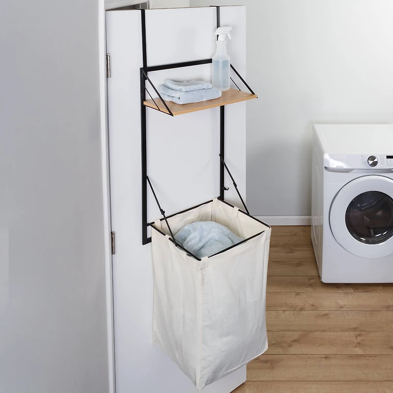 Honey Can Do Black & Maple Collapsible Wall-Mounted Hamper with Laundry Bag & Shelf