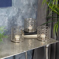 Set of 3 Silver Iron Modern Candle Holders, 4" x 4" x 4"
