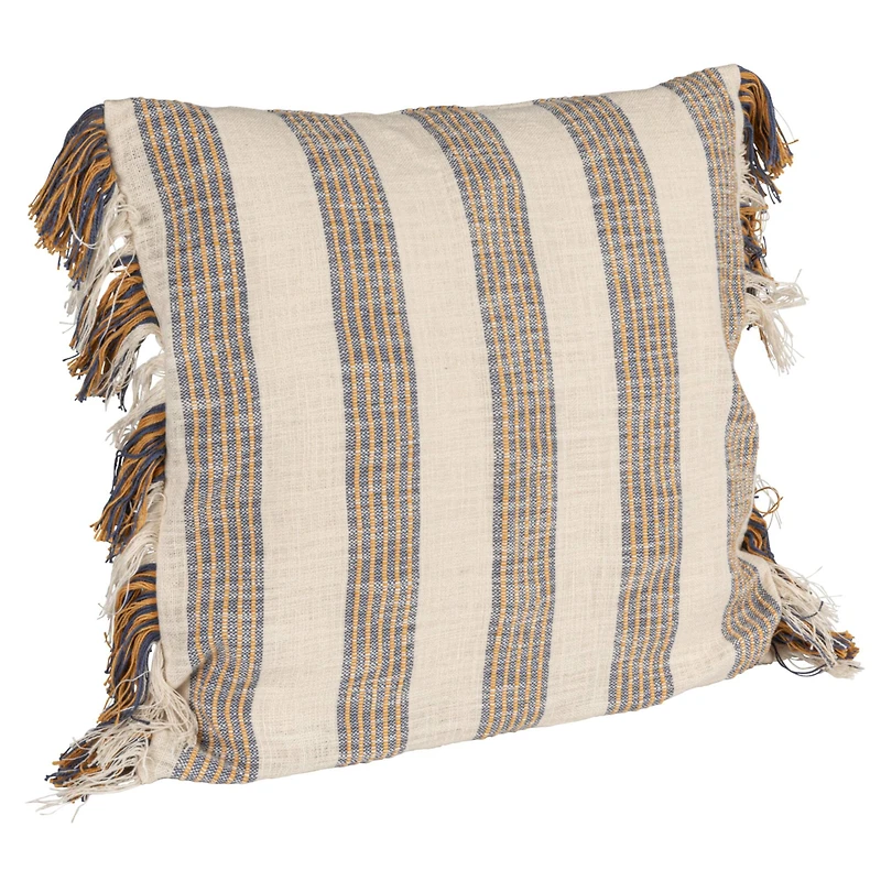 Hello Honey® Blue & Yellow Stripes on Cream Cotton Throw Pillow with Fringe