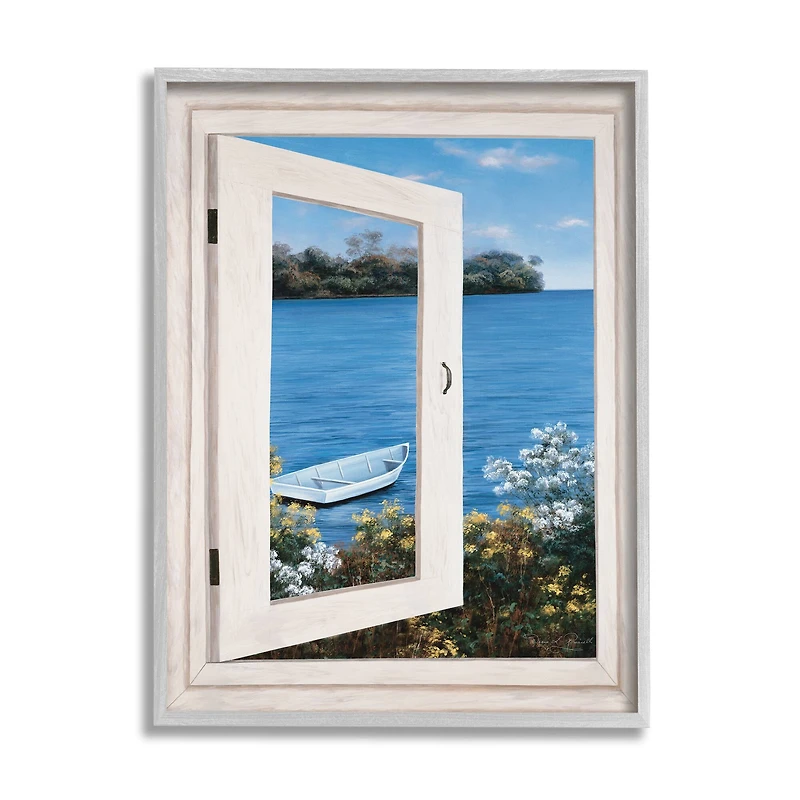 Stupell Industries Lakefront Window Charming Floral Island Boat in Gray Frame Wall Art
