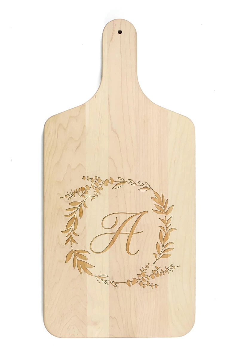 Floral Wreath Monogram Maple Paddle Cutting Board