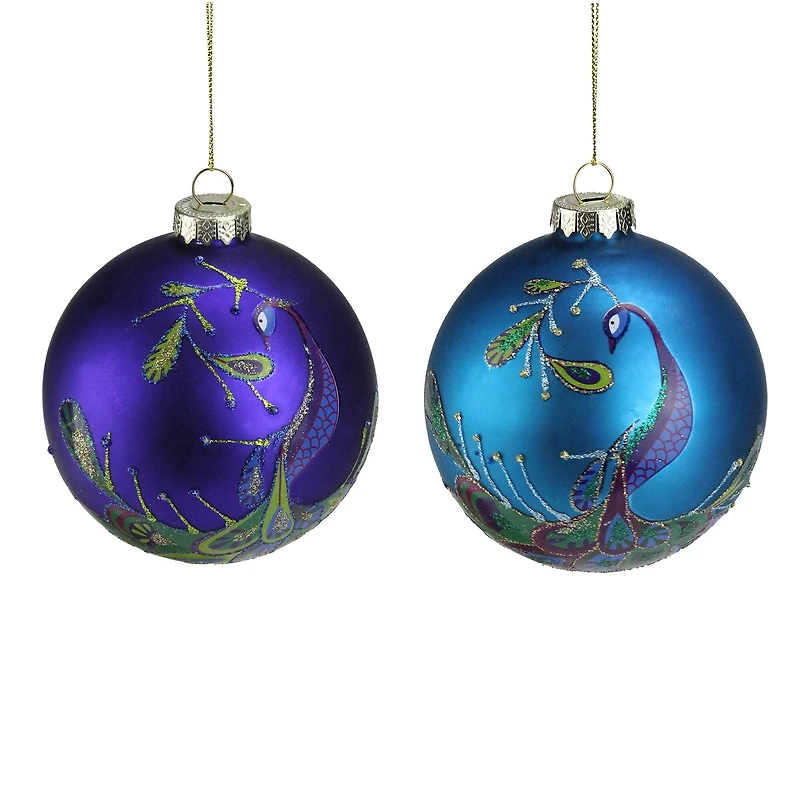 2ct. 4" Purple & Blue 2-Finish Peacock Glass Ball Ornaments