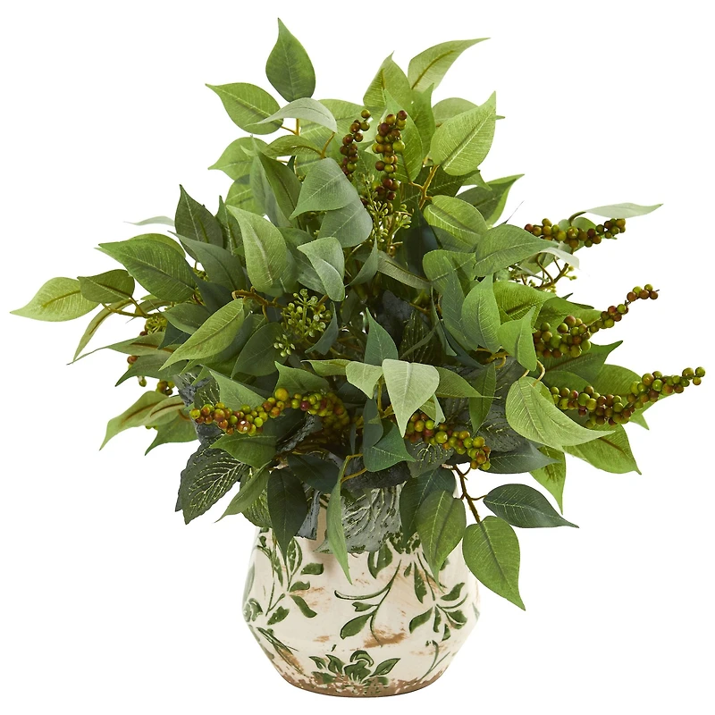 13" Mixed Ficus, Fittonia & Berry in Floral Vase