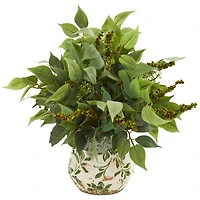13" Mixed Ficus, Fittonia & Berry in Floral Vase