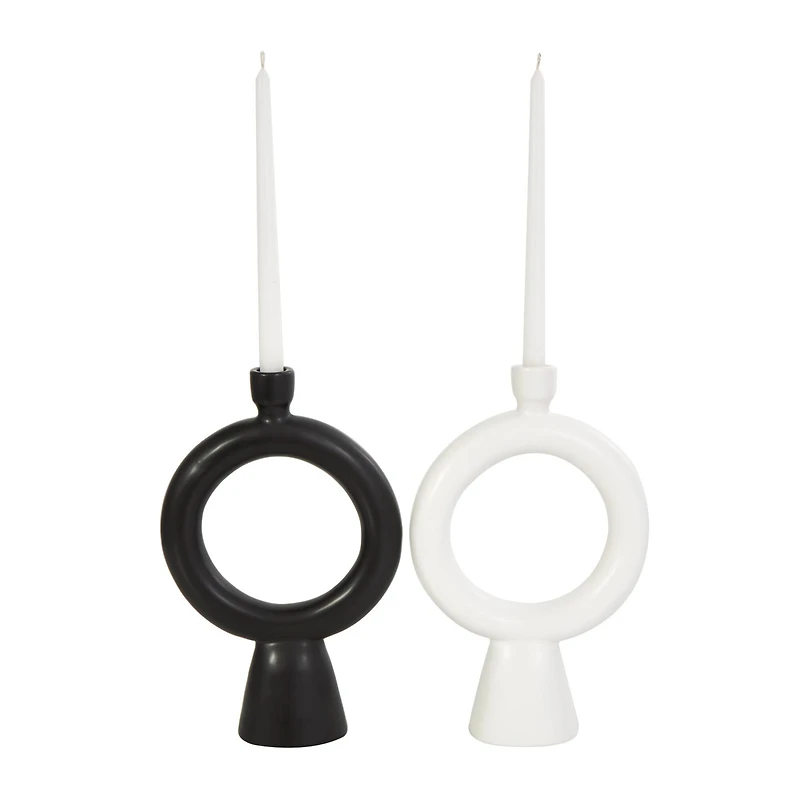 CosmoLiving by Cosmopolitan 12" Black & White Ceramic Geometric Ring Taper Candle Holder Set