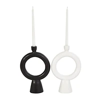 CosmoLiving by Cosmopolitan 12" Black & White Ceramic Geometric Ring Taper Candle Holder Set