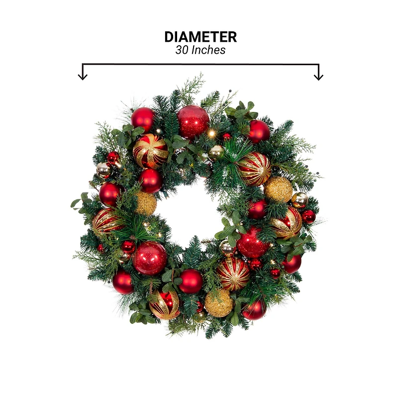 Village Lighting 30" Pre-Lit Christmas Classic Wreath, Clear LED Lights