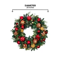Village Lighting 30" Pre-Lit Christmas Classic Wreath, Clear LED Lights