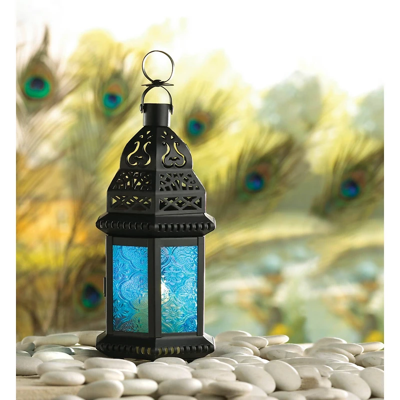 10" Black Moroccan Style Hanging Candle Lantern with Etched Blue Glass